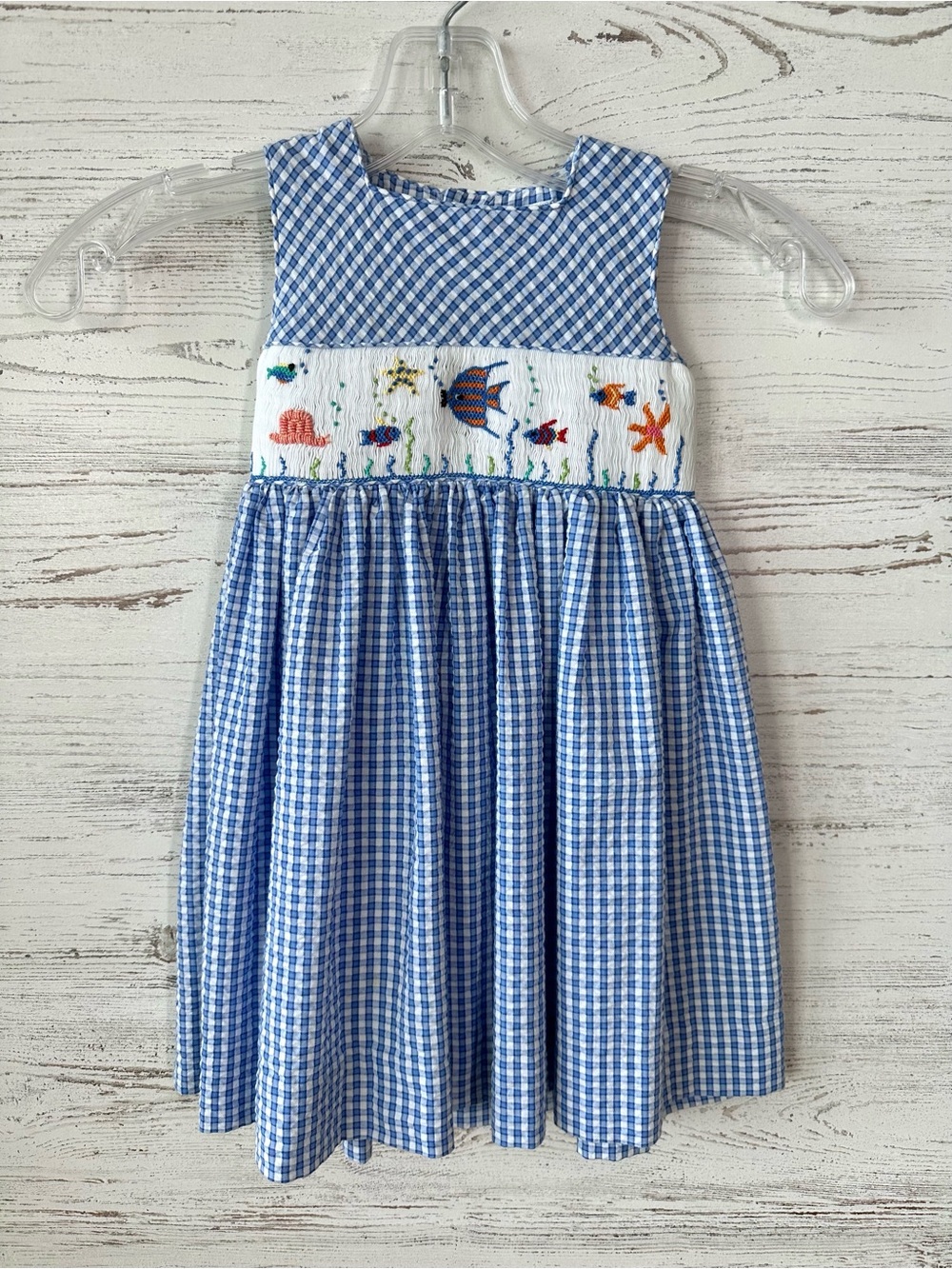 VINTAGE CARRIAGE BOUTIQUES Gingham Sea Life Fish Starfish Embroidered Sun Dress